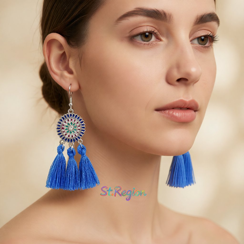 Blue and Cubic Zirconia Sunflower Tassel Drop Earrings, drop earrings for women, vintage-inspired design, styled look