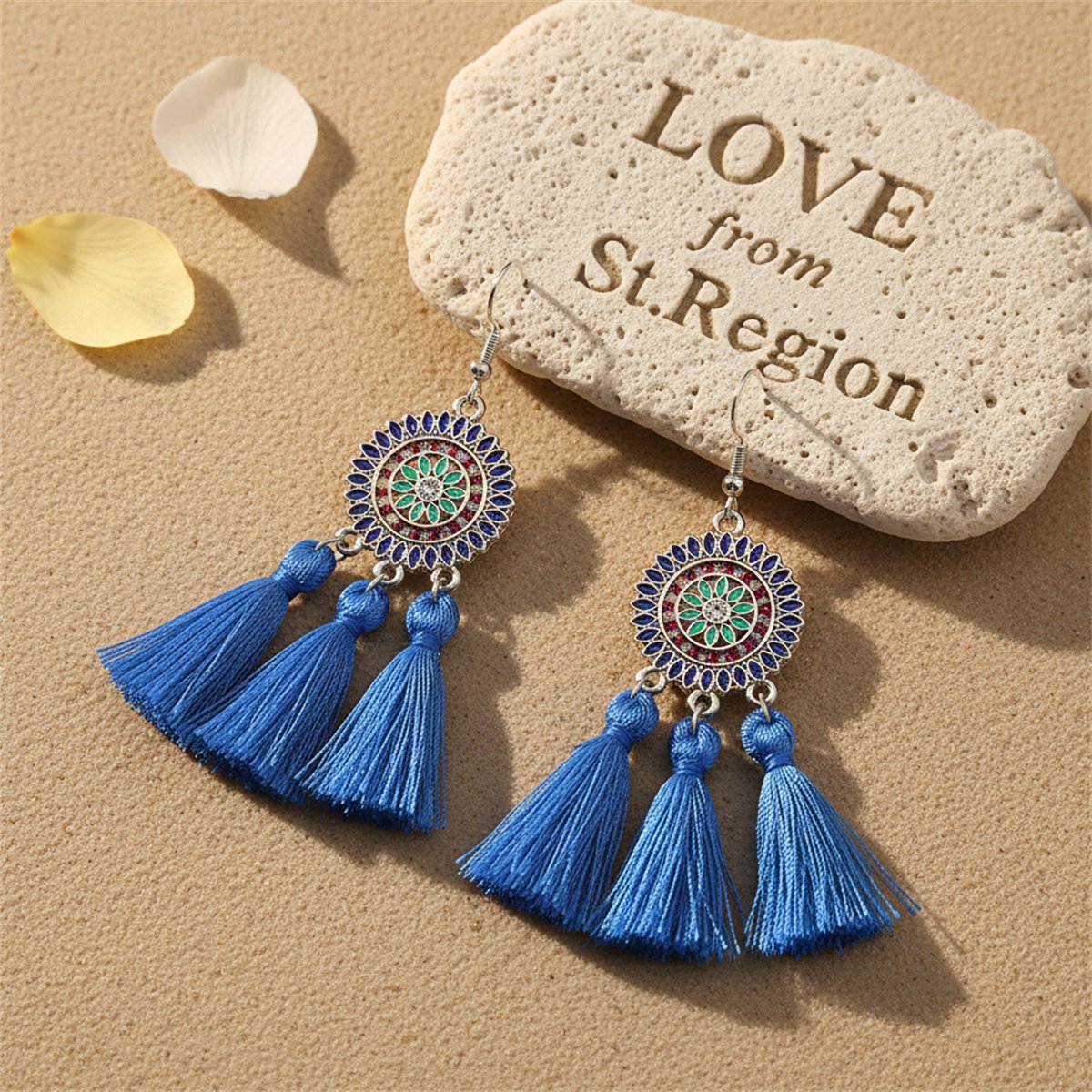 Blue and Cubic Zirconia Sunflower Tassel Drop Earrings, drop earrings for women, vintage-inspired design, lifestyle look