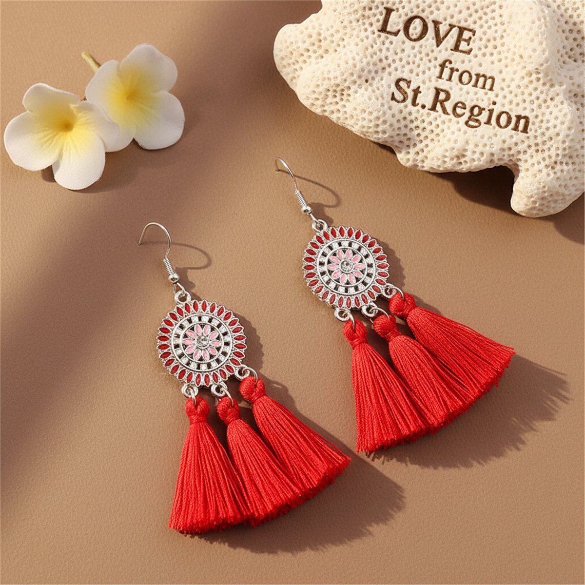 Red and Cubic Zirconia Sunflower Tassel Drop Earrings, drop earrings for women, botanical inspired, lifestyle look