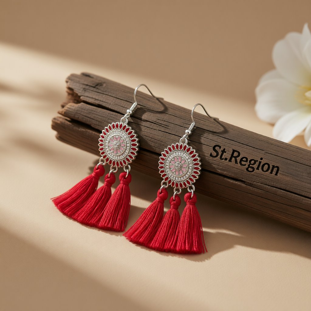 Red and Cubic Zirconia Sunflower Tassel Drop Earrings, drop earrings for women, botanical inspired, front view