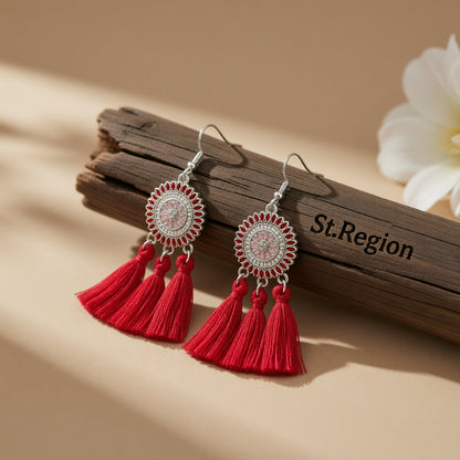 Red and Cubic Zirconia Sunflower Tassel Drop Earrings, drop earrings for women, botanical inspired, front view