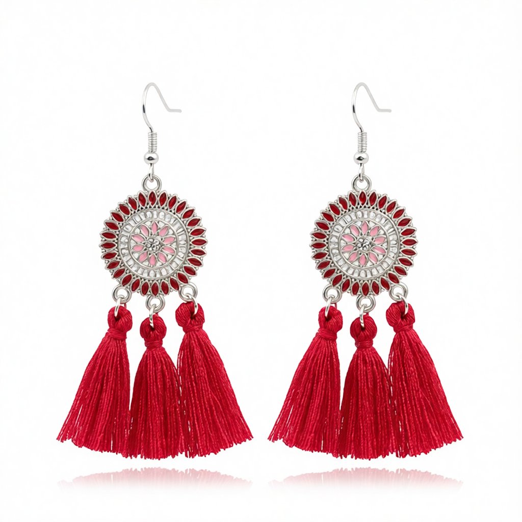 Red and Cubic Zirconia Sunflower Tassel Drop Earrings, drop earrings for women, botanical inspired, side view
