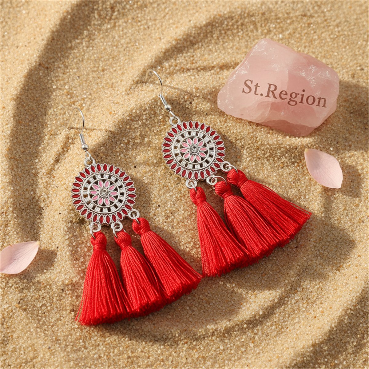 Red and Cubic Zirconia Sunflower Tassel Drop Earrings, drop earrings for women, botanical inspired, detail close-up