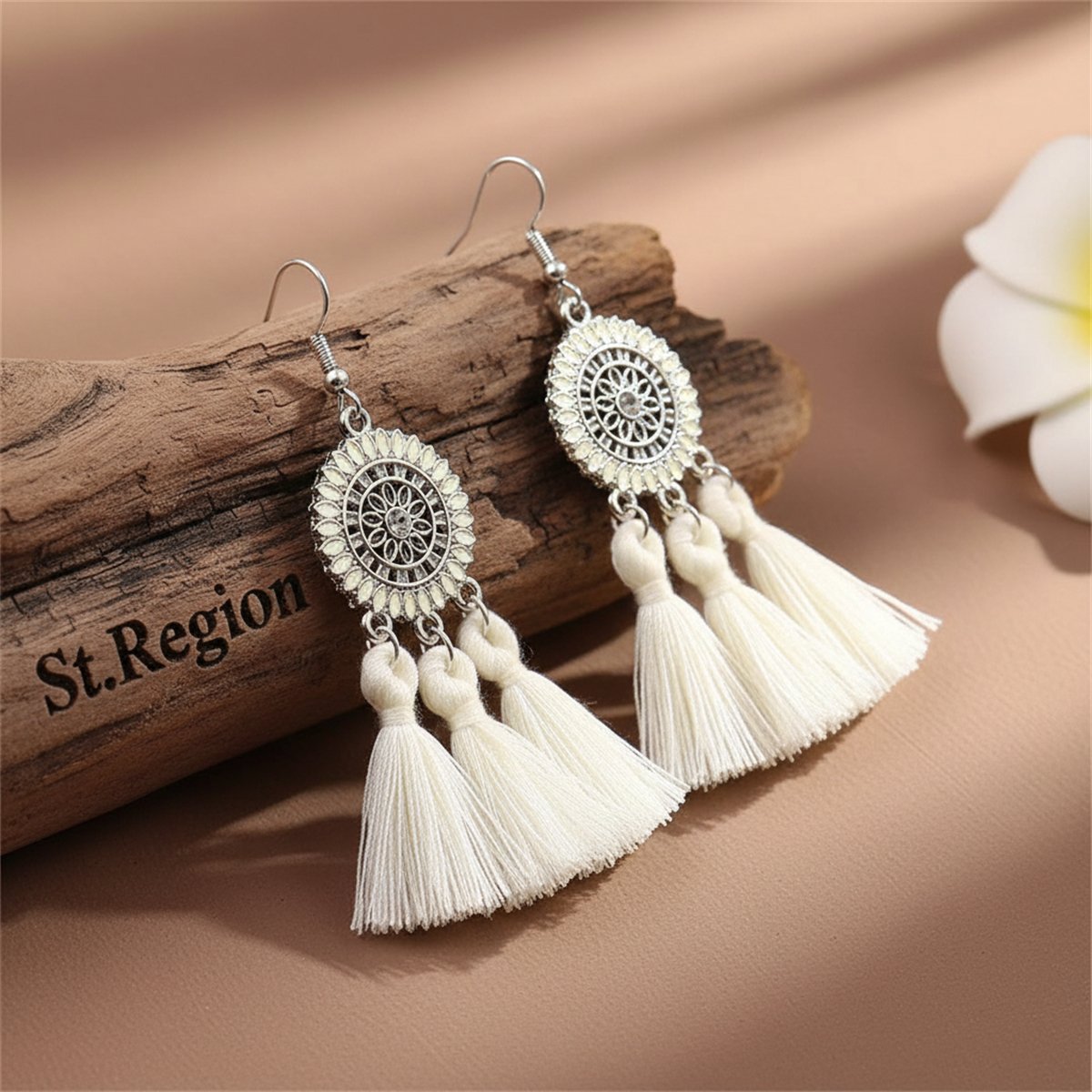 White and Cubic Zirconia Sunflower Tassel Drop Earrings, drop earrings for women, everyday style, front view