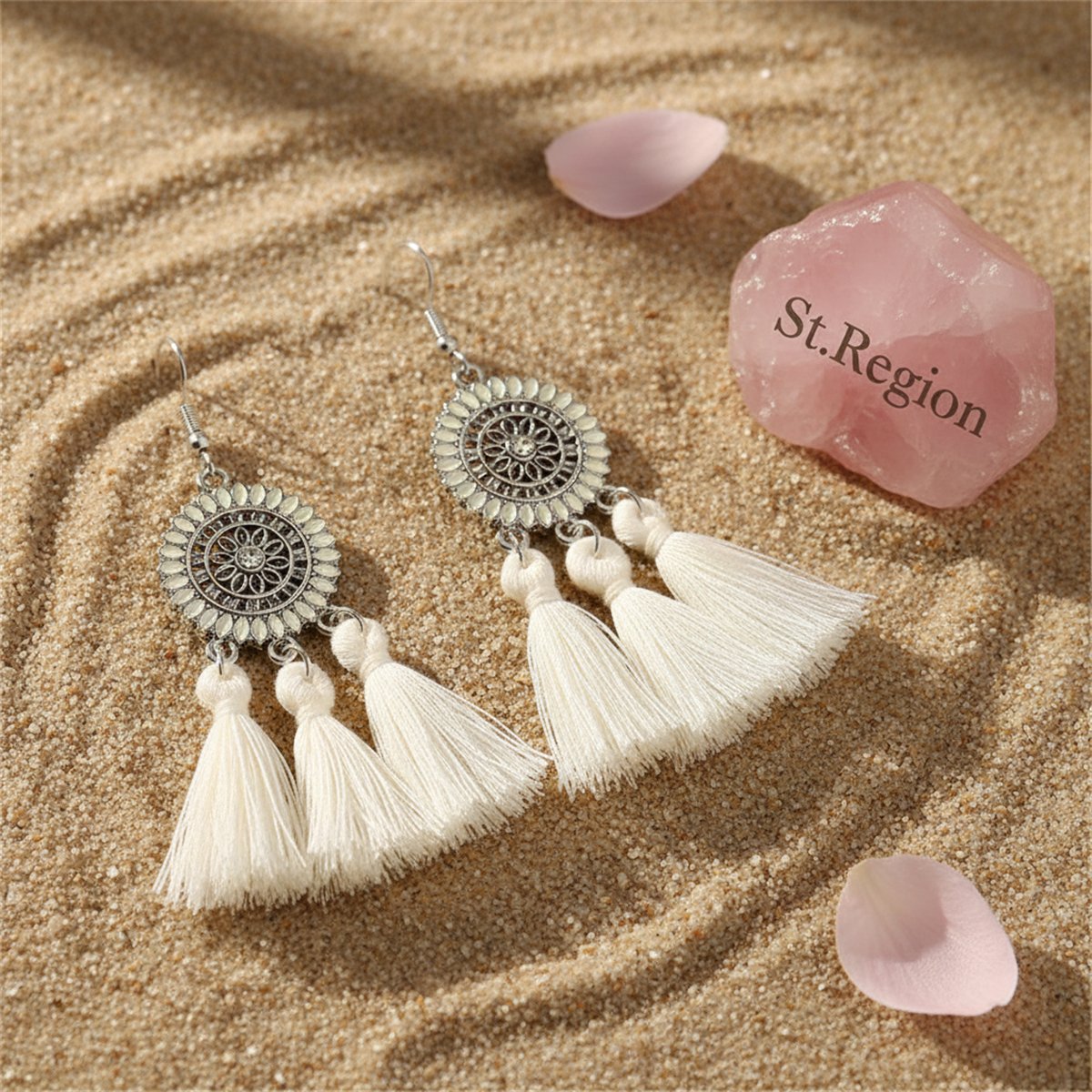 White and Cubic Zirconia Sunflower Tassel Drop Earrings, drop earrings for women, everyday style, detail close-up