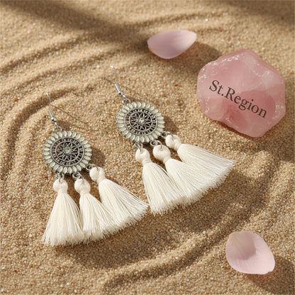 White and Cubic Zirconia Sunflower Tassel Drop Earrings, drop earrings for women, everyday style, detail close-up