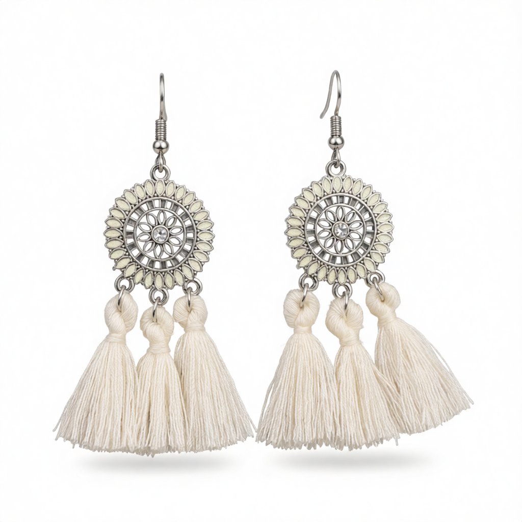 White and Cubic Zirconia Sunflower Tassel Drop Earrings, drop earrings for women, everyday style, side view