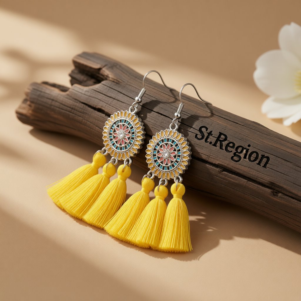 Yellow and Cubic Zirconia Sunflower Tassel Drop Earrings, drop earrings for women, elegant gift for her, front view
