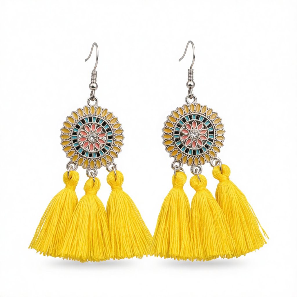 Yellow and Cubic Zirconia Sunflower Tassel Drop Earrings, drop earrings for women, elegant gift for her, side view