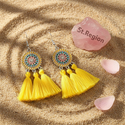 Yellow and Cubic Zirconia Sunflower Tassel Drop Earrings, drop earrings for women, elegant gift for her, detail close-up