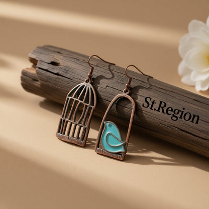 Blue Enamel and 18K Gold-Plated Birdcage Drop Earrings, gold drop earrings for women, dainty minimalist design, front view