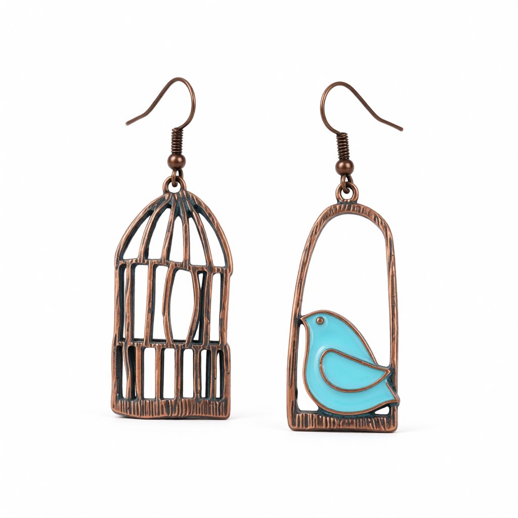 Blue Enamel and 18K Gold-Plated Birdcage Drop Earrings, gold drop earrings for women, dainty minimalist design, side view