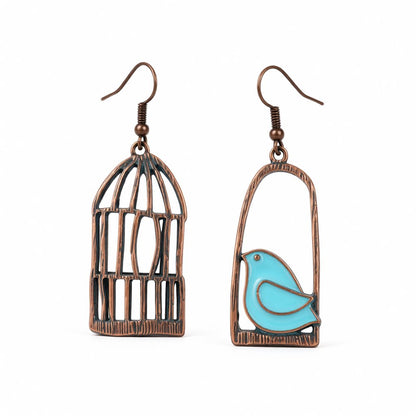 Blue Enamel and 18K Gold-Plated Birdcage Drop Earrings, gold drop earrings for women, dainty minimalist design, side view