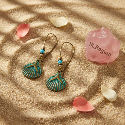 Howlite and 18K Gold-Plated Shell Starfish Drop Earrings, gold huggie earrings, elegant gift for her, detail close-up