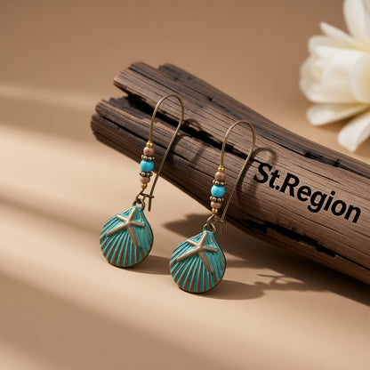 Howlite and 18K Gold-Plated Shell Starfish Drop Earrings, gold huggie earrings, elegant gift for her, front view