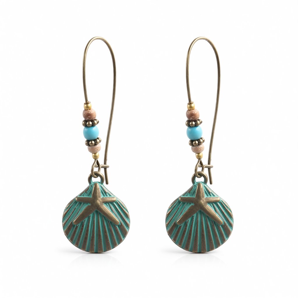 Howlite and 18K Gold-Plated Shell Starfish Drop Earrings, gold huggie earrings, elegant gift for her, side view