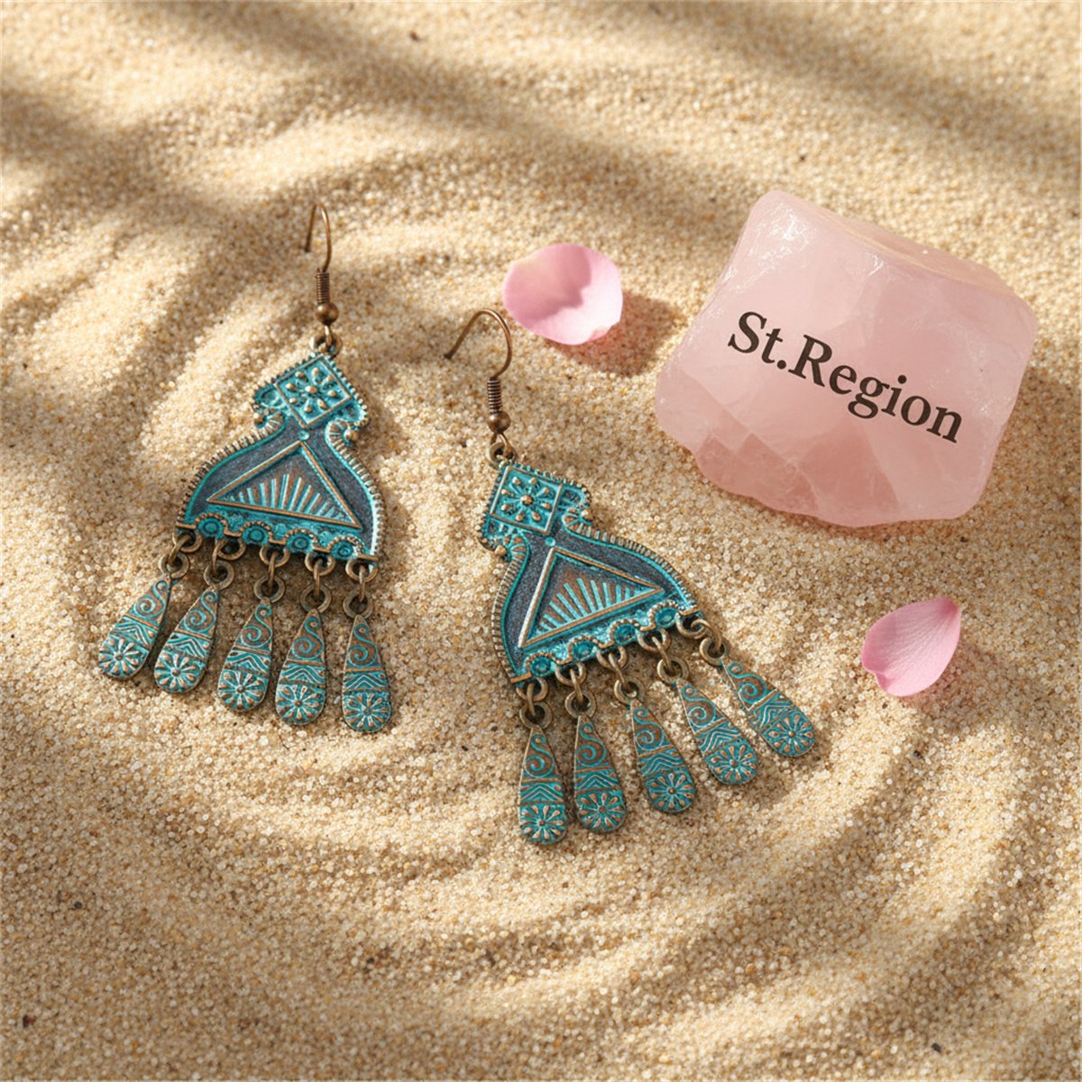 Teal Enamel and 18K Gold-Plated Comb Tassel Drop Earrings, gold drop earrings for women, detail close-up