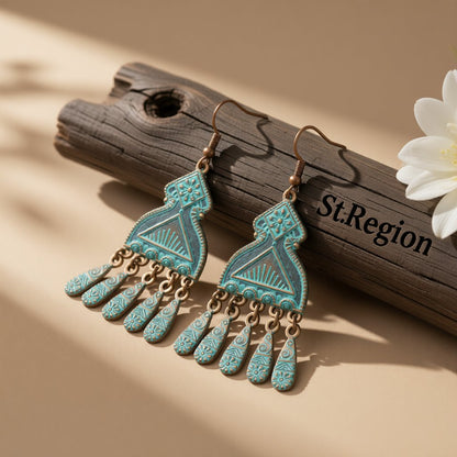 Teal Enamel and 18K Gold-Plated Comb Tassel Drop Earrings, gold drop earrings for women, dainty minimalist design, front view