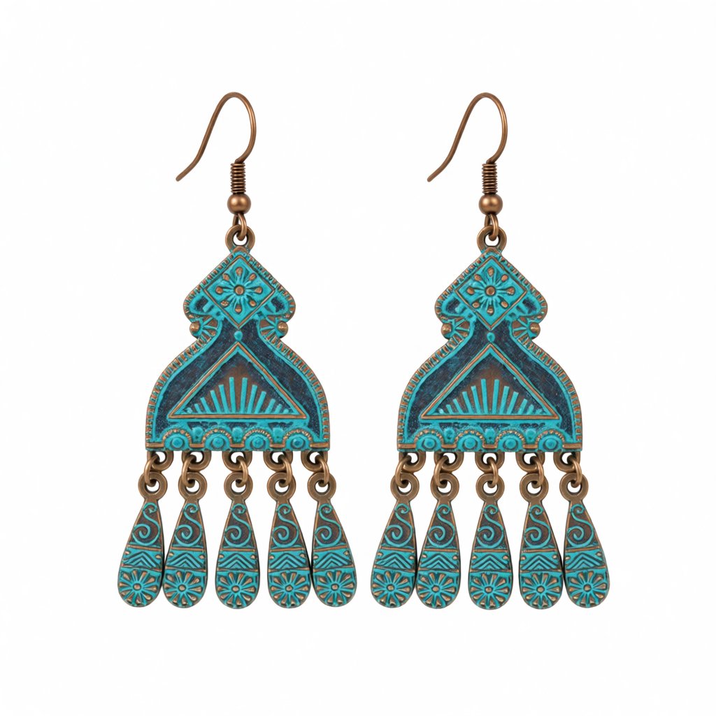 Teal Enamel and 18K Gold-Plated Comb Tassel Drop Earrings, gold drop earrings for women, dainty minimalist design, side view