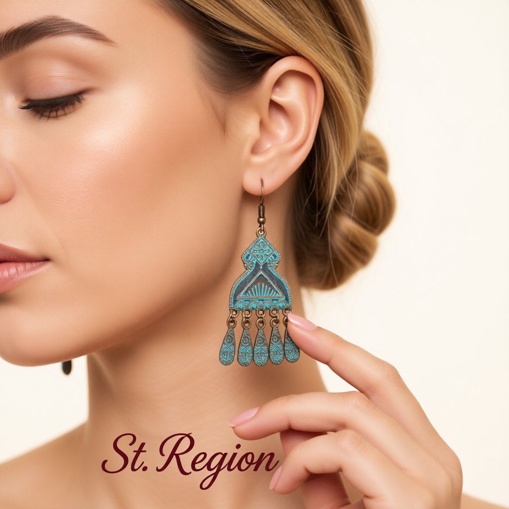 Teal Enamel and 18K Gold-Plated Comb Tassel Drop Earrings, gold drop earrings for women, styled look