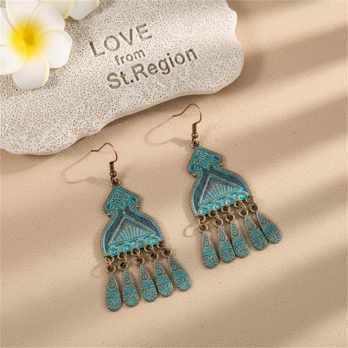 Teal Enamel and 18K Gold-Plated Comb Tassel Drop Earrings, gold drop earrings for women, lifestyle look