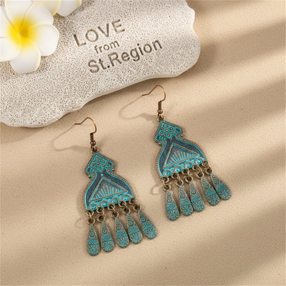 Teal Enamel and 18K Gold-Plated Comb Tassel Drop Earrings, gold drop earrings for women, lifestyle look