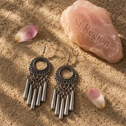 Silver-Plated Open Circle Tassel Drop Earrings, silver drop earrings for women, dainty minimalist design, detail close-up