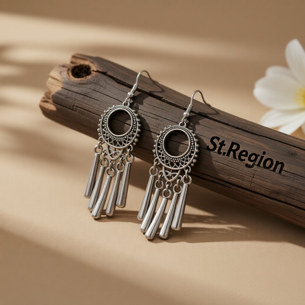 Silver-Plated Open Circle Tassel Drop Earrings, silver drop earrings for women, dainty minimalist design, front view