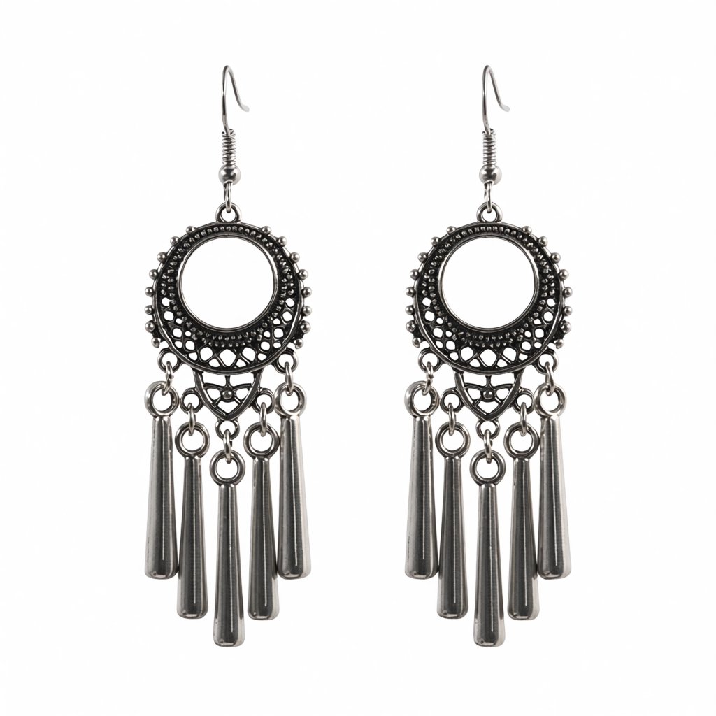 Silver-Plated Open Circle Tassel Drop Earrings, silver drop earrings for women, dainty minimalist design, side view