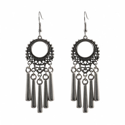 Silver-Plated Open Circle Tassel Drop Earrings, silver drop earrings for women, dainty minimalist design, side view