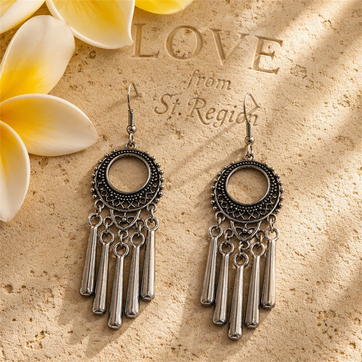 Silver-Plated Open Circle Tassel Drop Earrings, silver drop earrings for women, dainty minimalist design, lifestyle look
