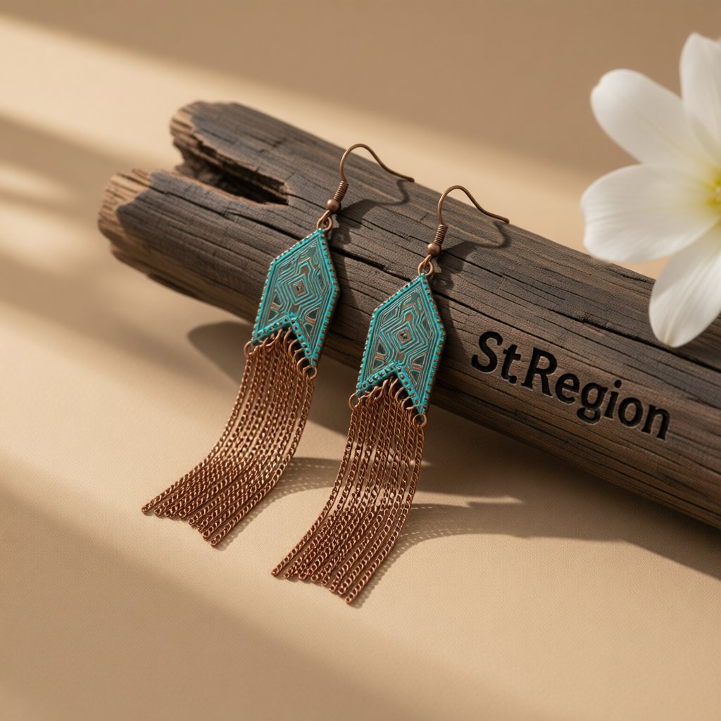 Teal Enamel and 18K Gold-Plated Arrow Tassel Drop Earrings, gold drop earrings for women, vintage-inspired design, front view