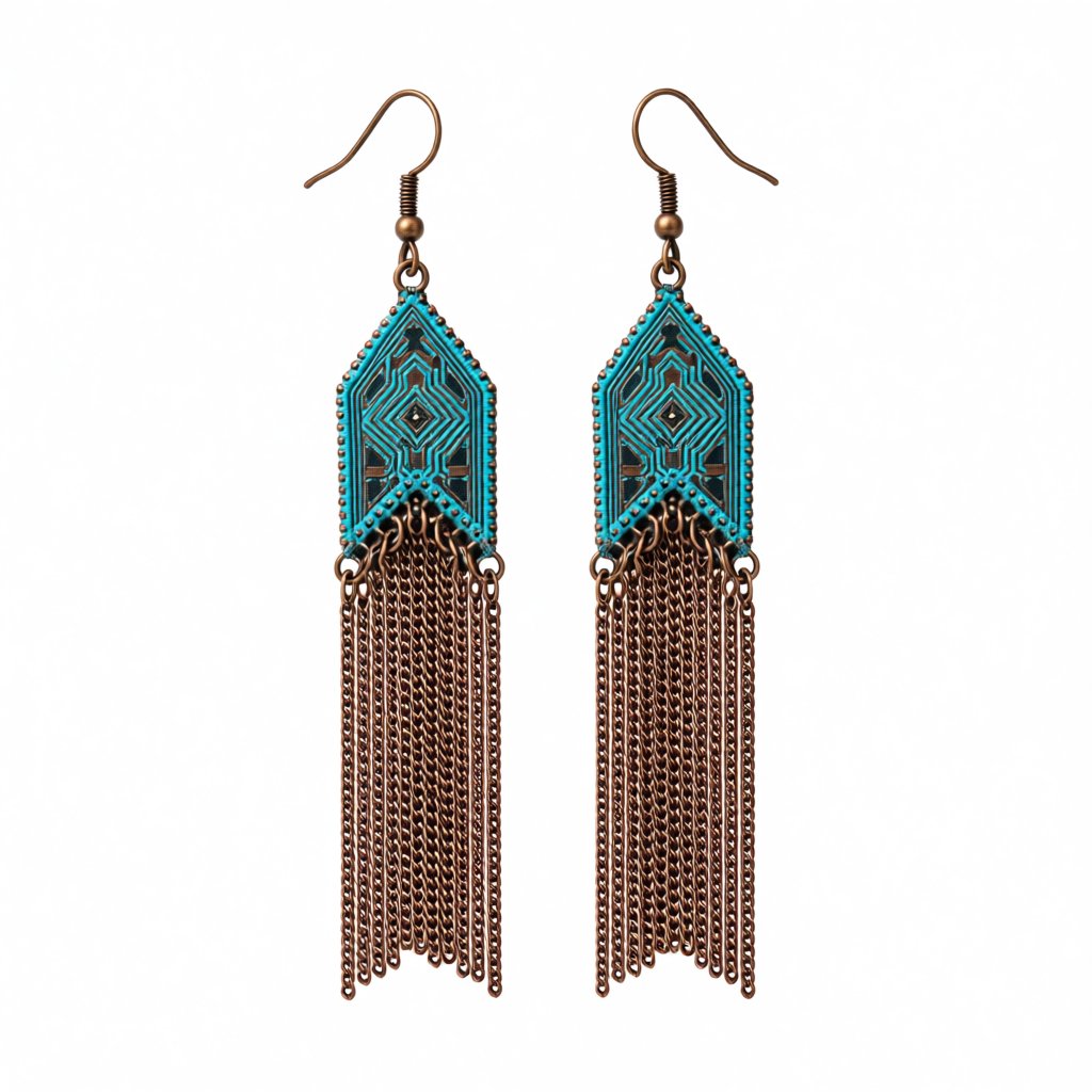 Teal Enamel and 18K Gold-Plated Arrow Tassel Drop Earrings, gold drop earrings for women, vintage-inspired design, side view