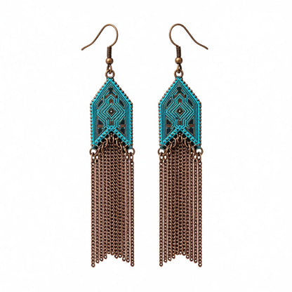 Teal Enamel and 18K Gold-Plated Arrow Tassel Drop Earrings, gold drop earrings for women, vintage-inspired design, side view