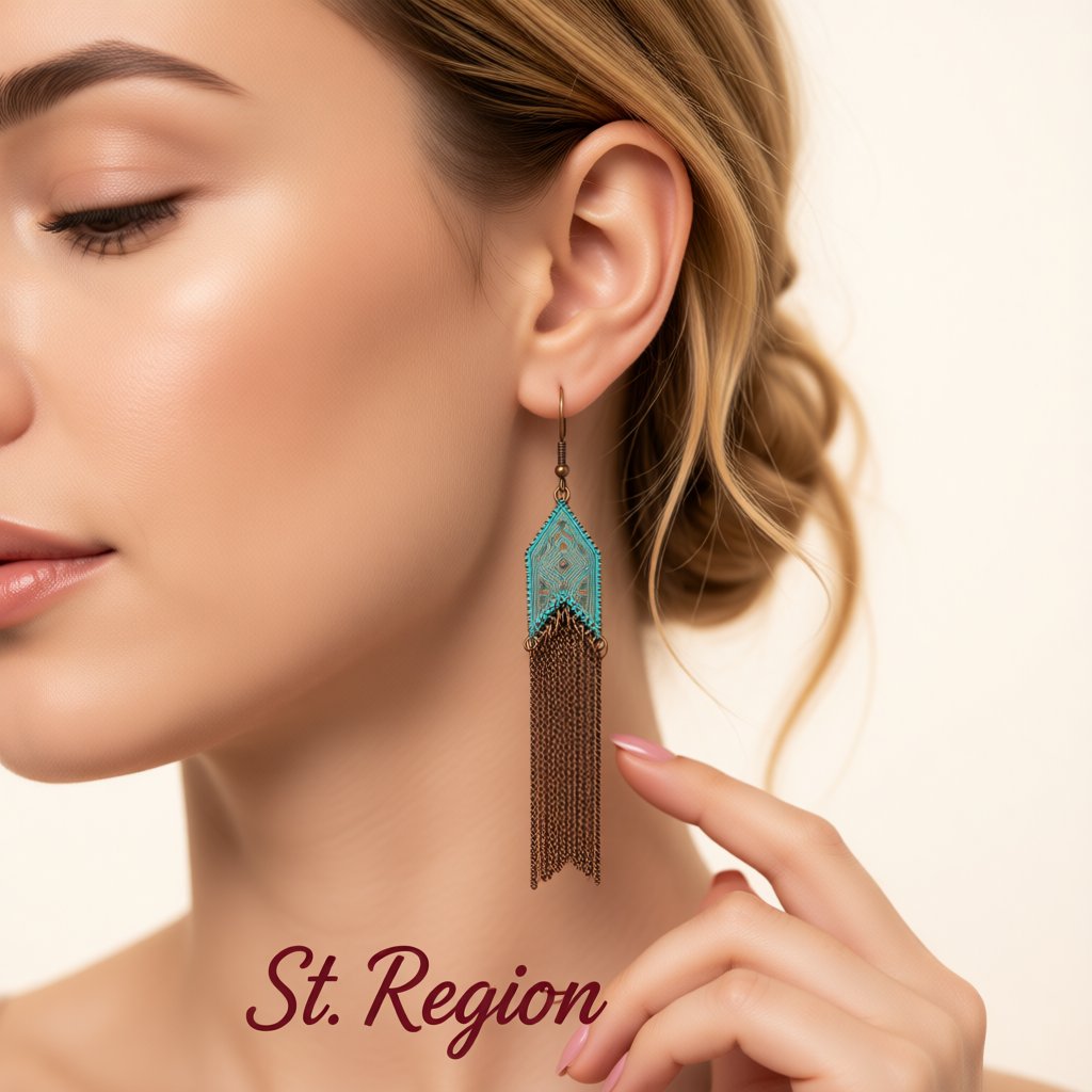 Teal Enamel and 18K Gold-Plated Arrow Tassel Drop Earrings, gold drop earrings for women, styled look