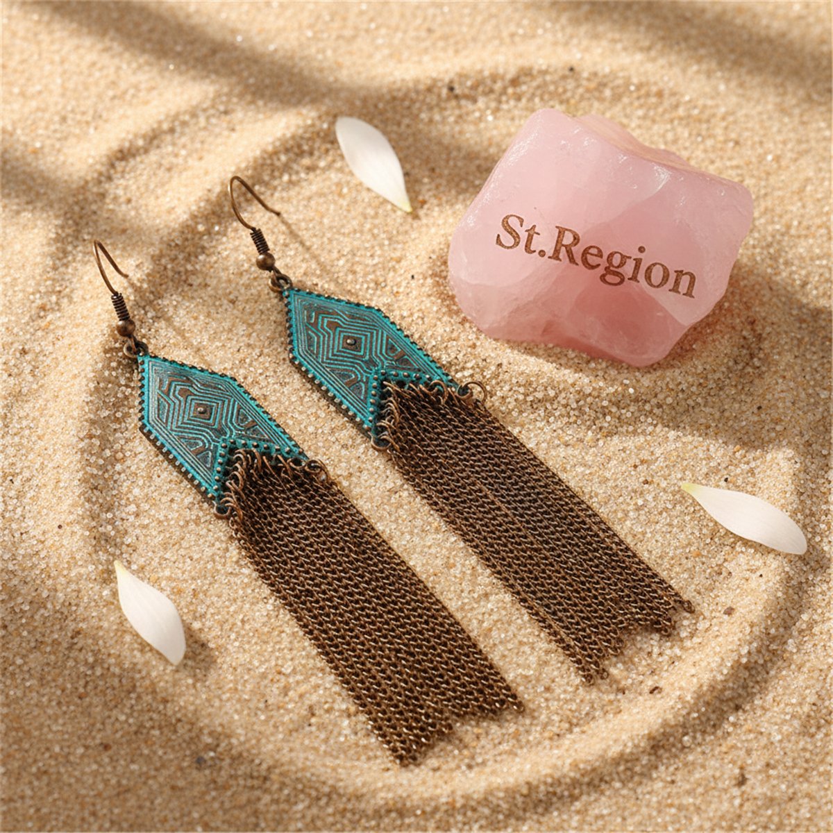 Teal Enamel and 18K Gold-Plated Arrow Tassel Drop Earrings, gold drop earrings for women, detail close-up