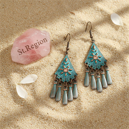 Teal Enamel and 18K Gold-Plated Cubic Zirconia-Accent Rhombus Tassel Drop Earrings, gold drop earrings..., detail close-up