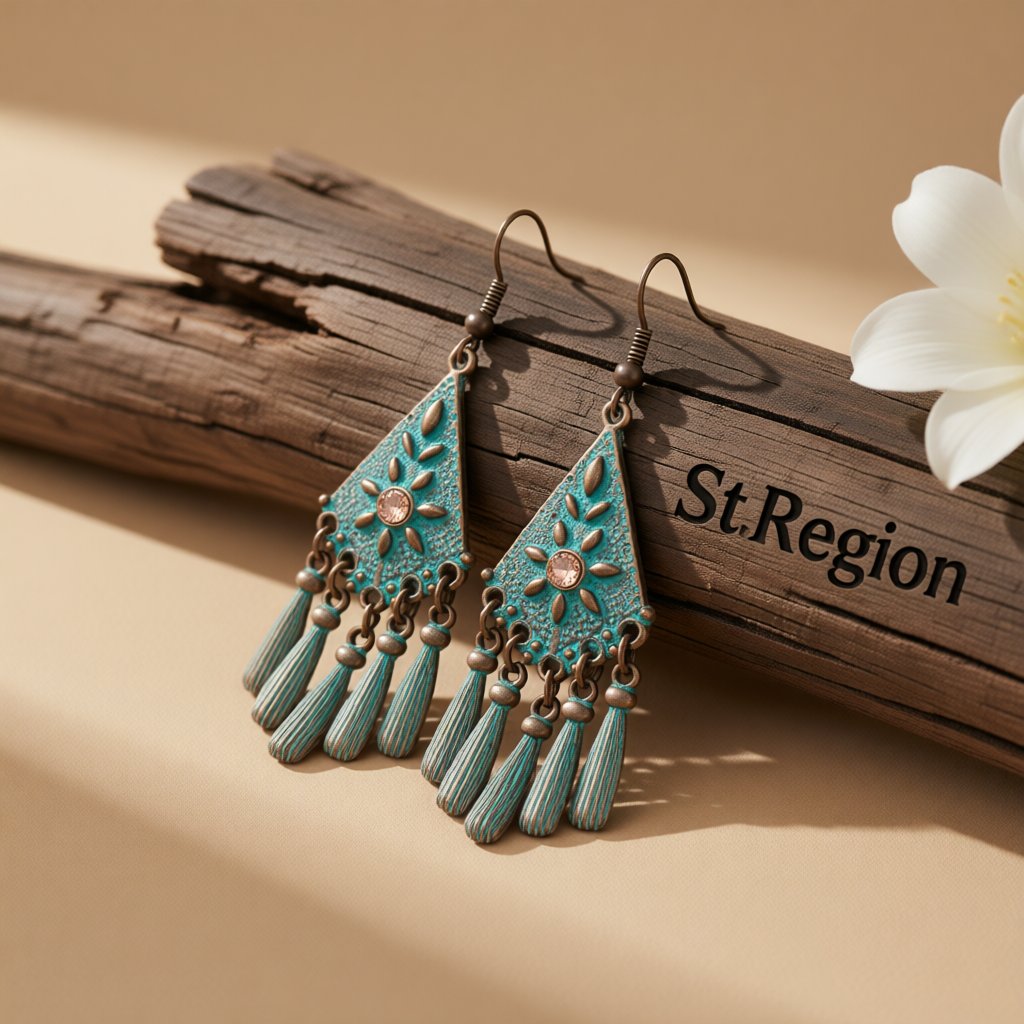 Teal Enamel and 18K Gold-Plated Cubic Zirconia-Accent Rhombus Tassel Drop Earrings, gold drop earrings for women, front view