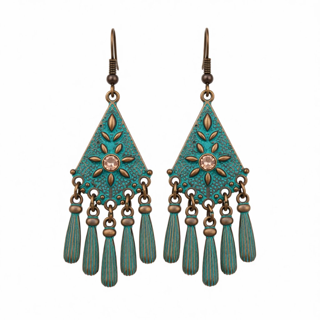 Teal Enamel and 18K Gold-Plated Cubic Zirconia-Accent Rhombus Tassel Drop Earrings, gold drop earrings for women, side view