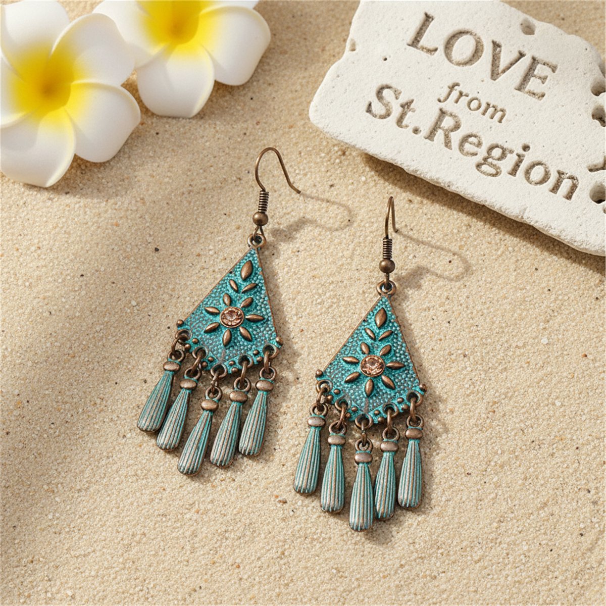 Teal Enamel and 18K Gold-Plated Cubic Zirconia-Accent Rhombus Tassel Drop Earrings, gold drop earrings..., lifestyle look