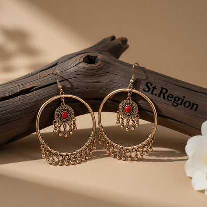 Turquoise and 18K Gold-Plated Big Circle Drop Earrings, gold drop earrings for women, dainty minimalist design, front view