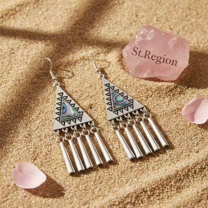 Abalone Shell and Silver-Plated Triangle Tassel Drop Earrings, silver drop earrings for women, detail close-up