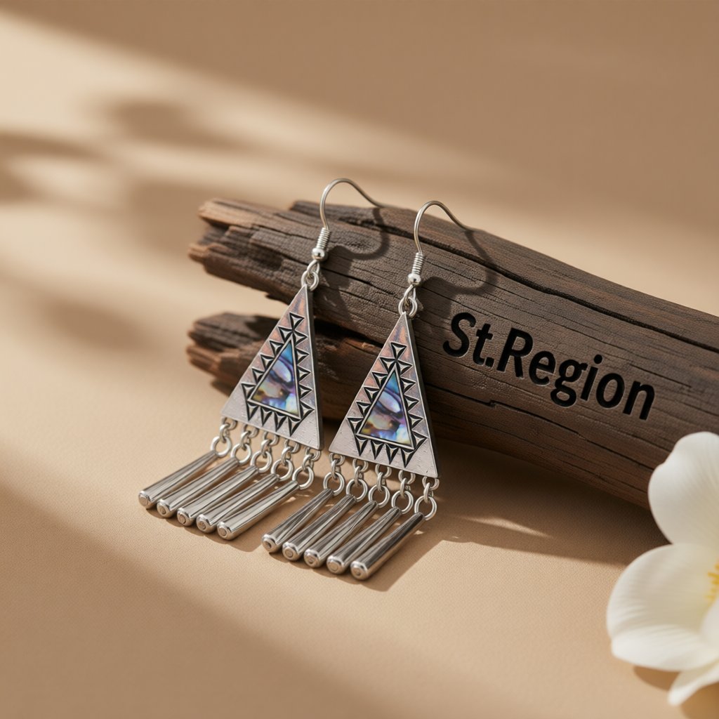 Abalone Shell and Silver-Plated Triangle Tassel Drop Earrings, silver drop earrings for women, front view