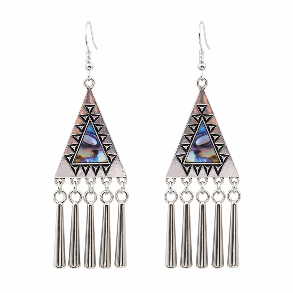 Abalone Shell and Silver-Plated Triangle Tassel Drop Earrings, silver drop earrings for women, side view