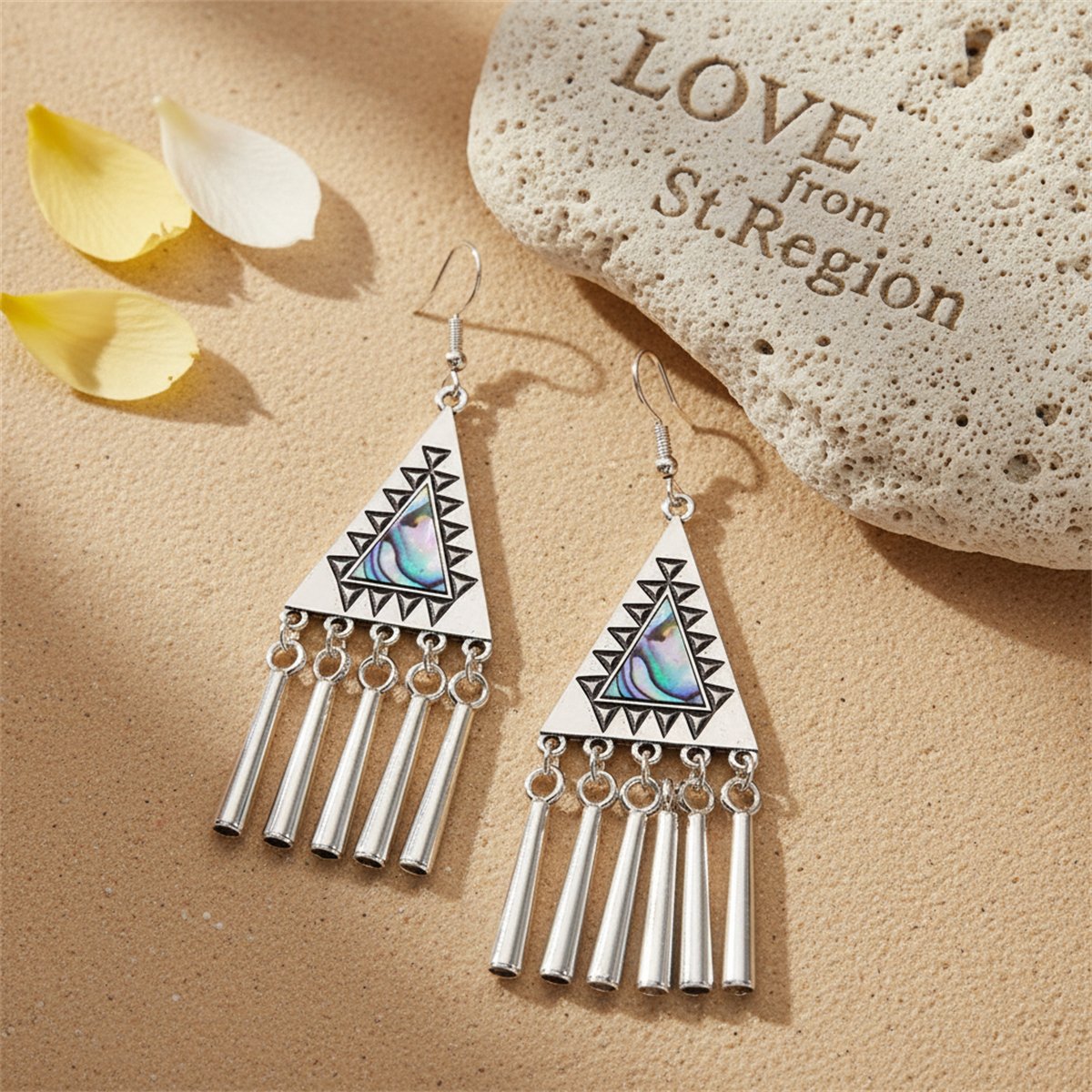 Abalone Shell and Silver-Plated Triangle Tassel Drop Earrings, silver drop earrings for women, lifestyle look