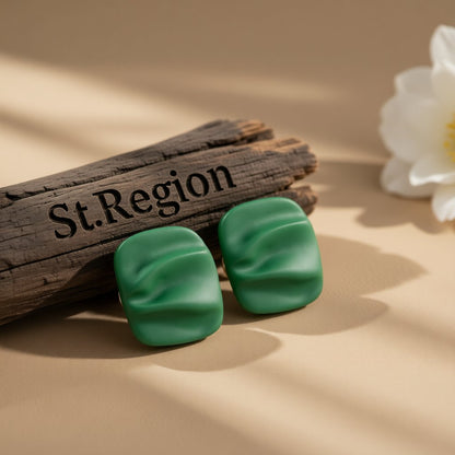 Green Enamel and Silver-Plated Ripple Stud Earrings, silver stud earrings for women, dainty minimalist design, front view