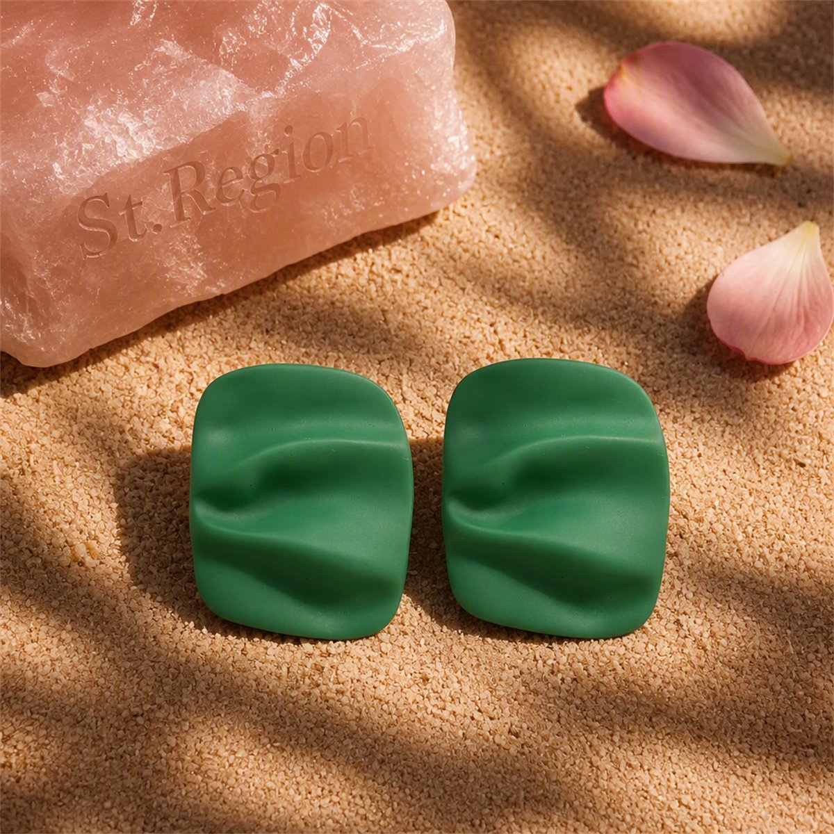 Green Enamel and Silver-Plated Ripple Stud Earrings, silver stud earrings for women, detail close-up