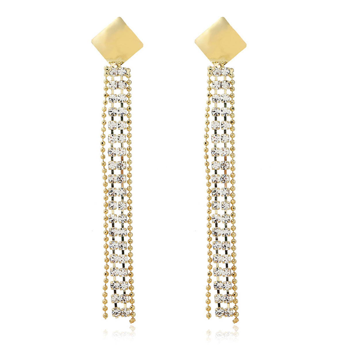 Cubic Zirconia and 18K Gold-Plated Square Tassel Drop Earrings, gold drop earrings for women, elegant gift for her, side view