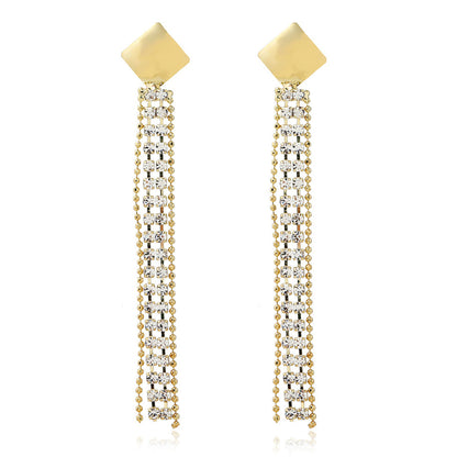 Cubic Zirconia and 18K Gold-Plated Square Tassel Drop Earrings, gold drop earrings for women, elegant gift for her, side view
