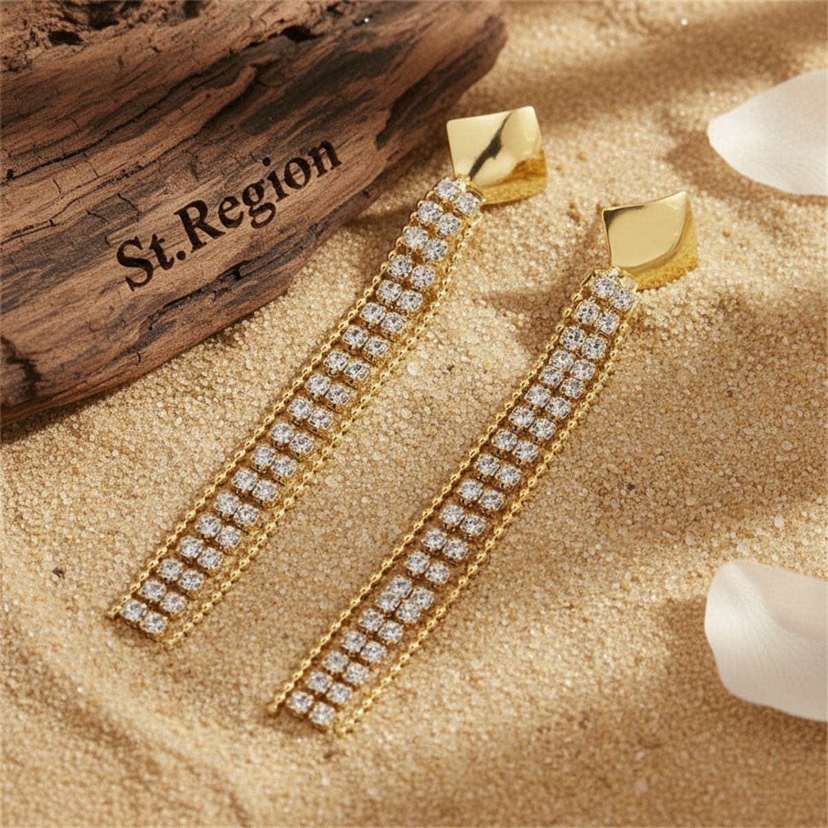 Cubic Zirconia and 18K Gold-Plated Square Tassel Drop Earrings, gold drop earrings for women, front view